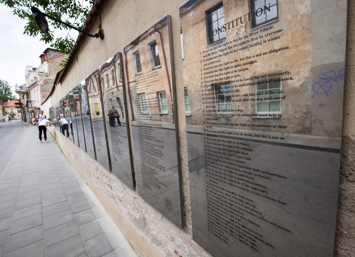 The Uzupis Constitution is written in several languages on one of the walls of the neighbourhood in Vilnius, Lithuania